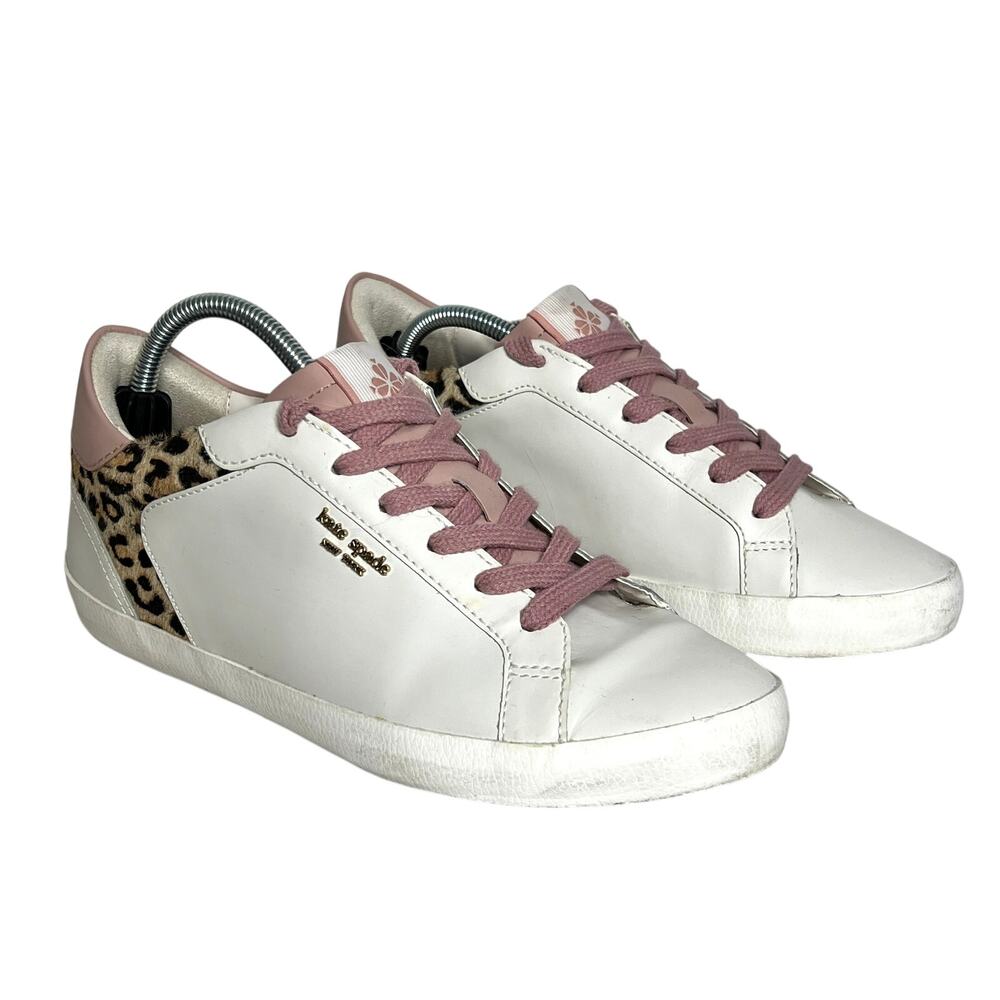 Kate Spade White Leather Sneakers Leopard Print Accent Women’s Shoe Size 8.5